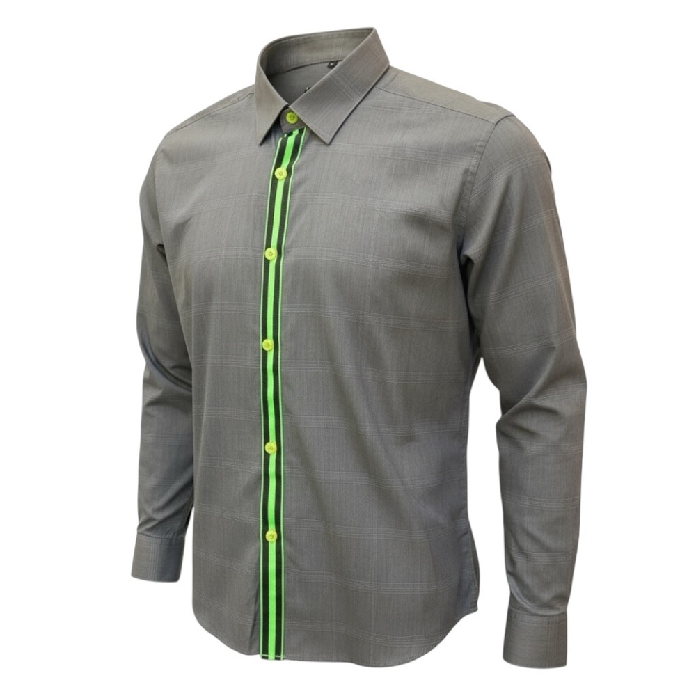 💨 Jared Lang Men’s Large Gray Button-Up Shirt –‎ Neon Pop Detailing 🌿